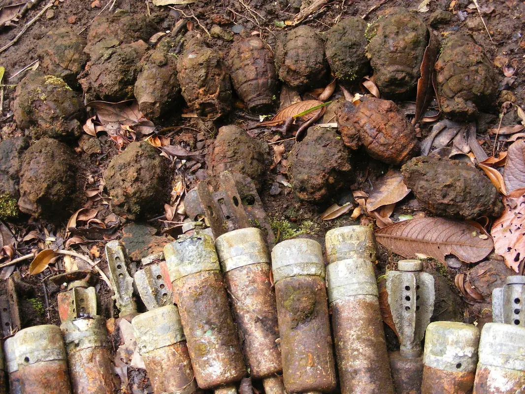 Rusting grenades and shells