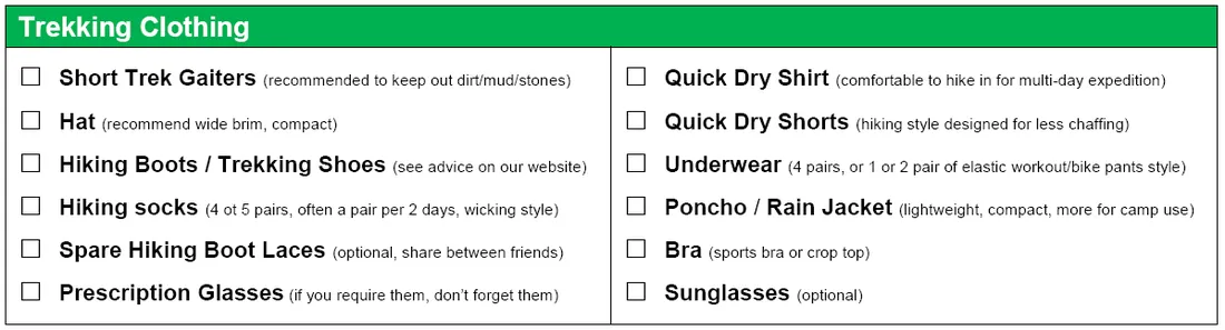 Trek clothing checklist