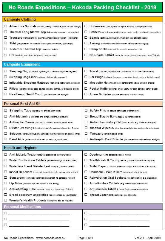 Kokoda gear checklist, page 2