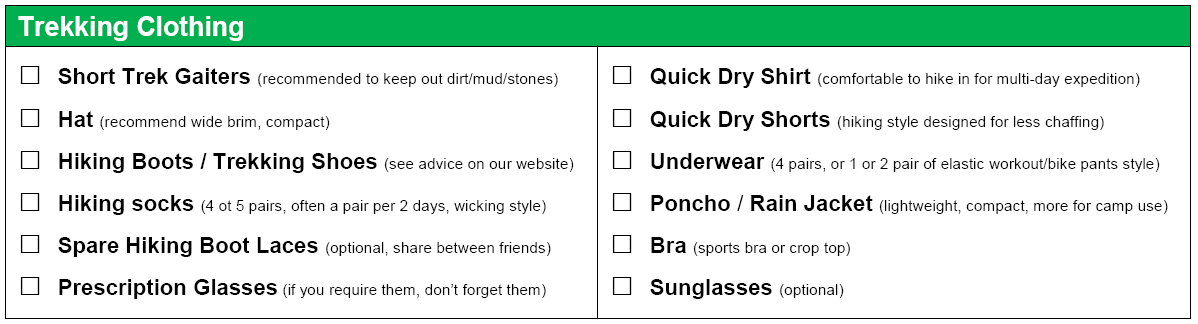 Trekking clothing checklist